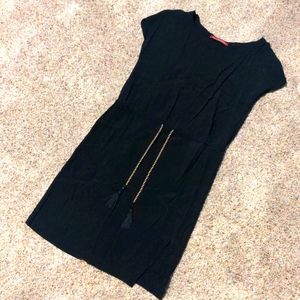 Black Mid-Length Cinch-Waist Light Cotton One Piece Dress